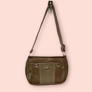 Vintage leather multi compartment shoulder handbag bag purse taupe 60s organizer